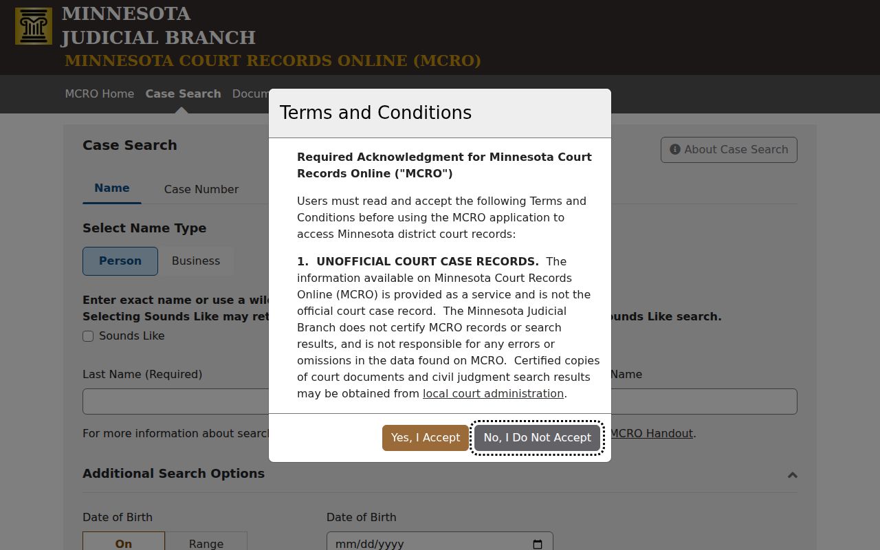 Northfield resident lookup MCRO court case search