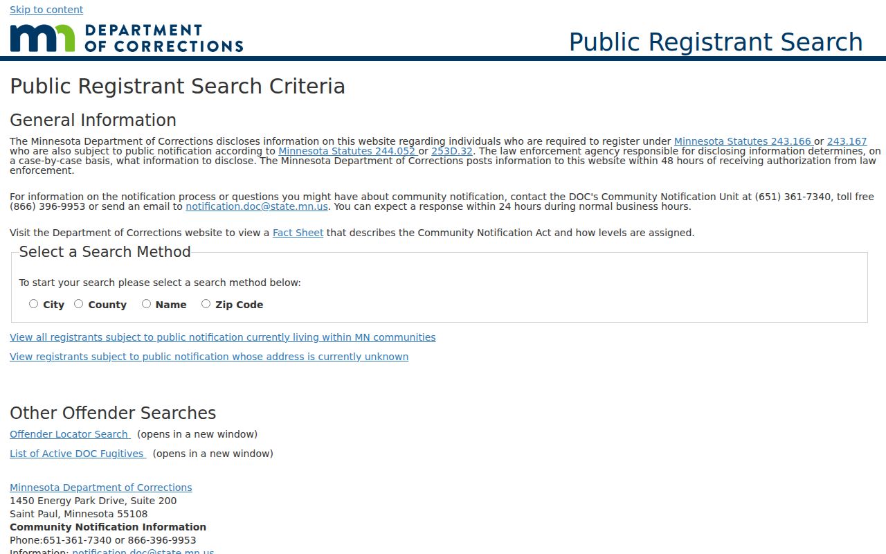 Northfield resident lookup DOC public registrant search